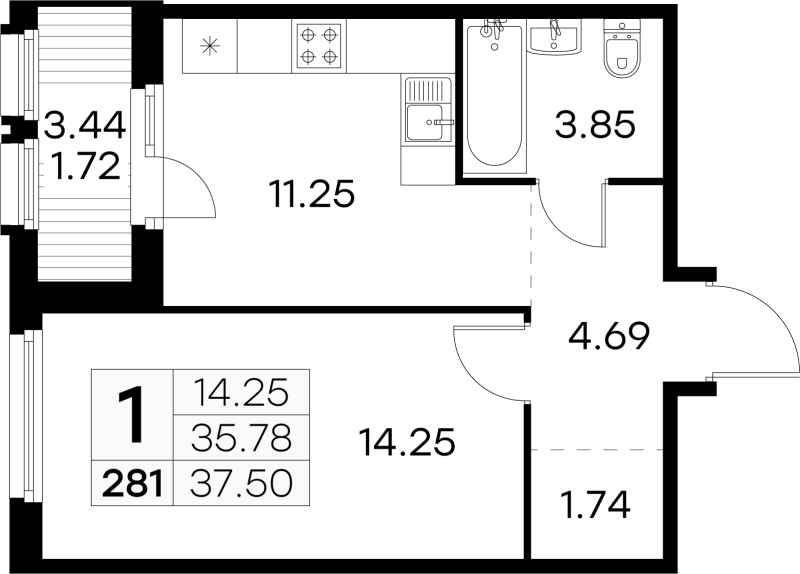 1 ккв 37,7 м²