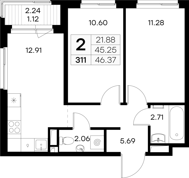 2 ккв 46,4 м²