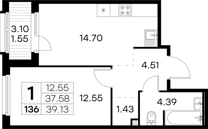 1 ккв 39,1 м²