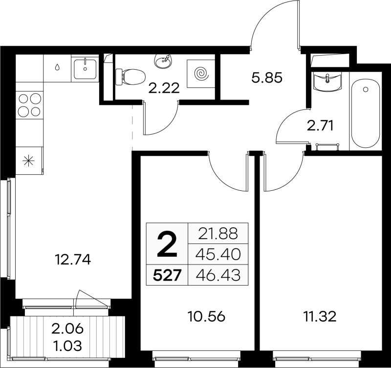 2 ккв 45,5 м²