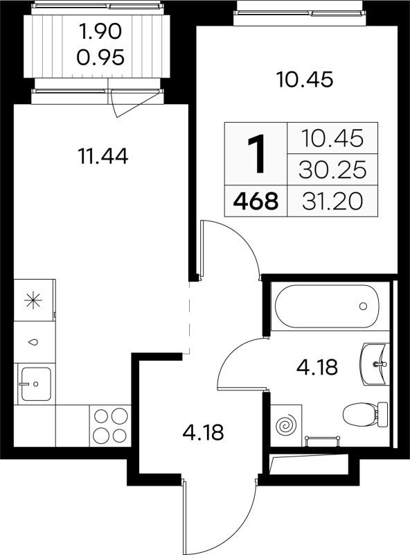 1 ккв 30,8 м²