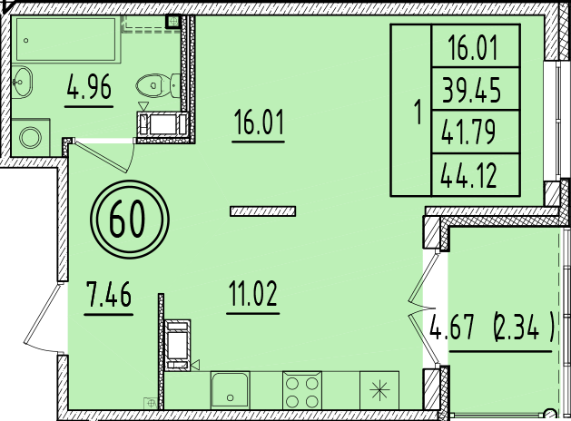 1 ккв 39,5 м²