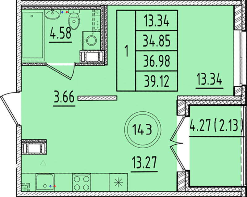 1 ккв 34,9 м²