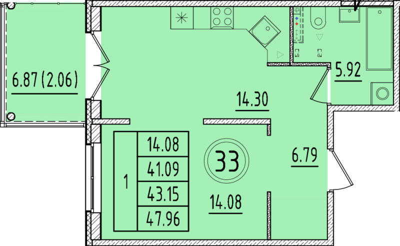 1 ккв 41,1 м²