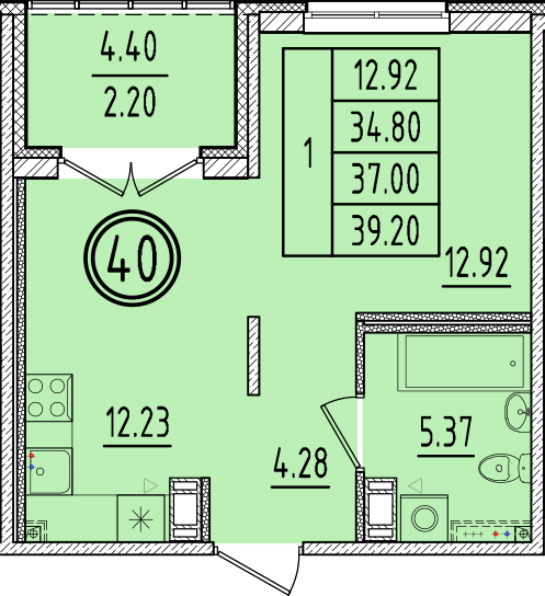 1 ккв 34,8 м²