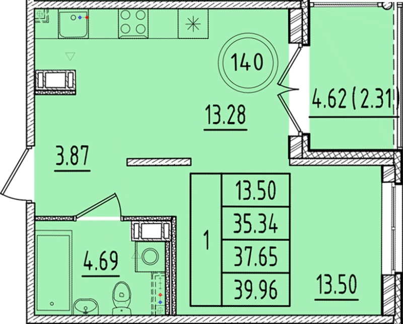 1 ккв 35,3 м²