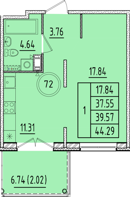 1 ккв 37,6 м²