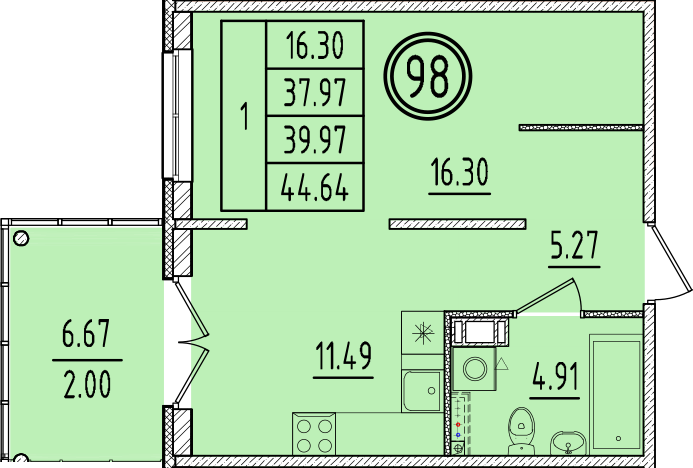 1 ккв 38 м²