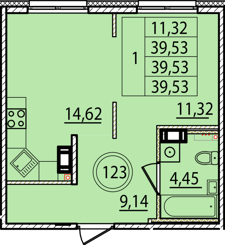 1 ккв 39,5 м²