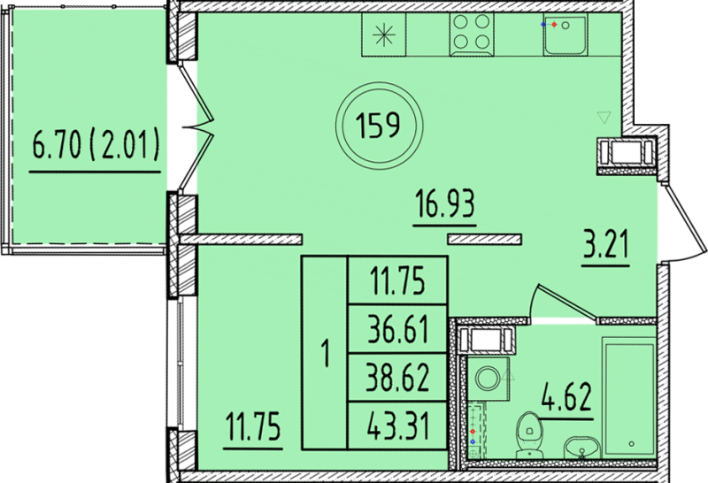 2 ккв (Евро) 36,6 м²