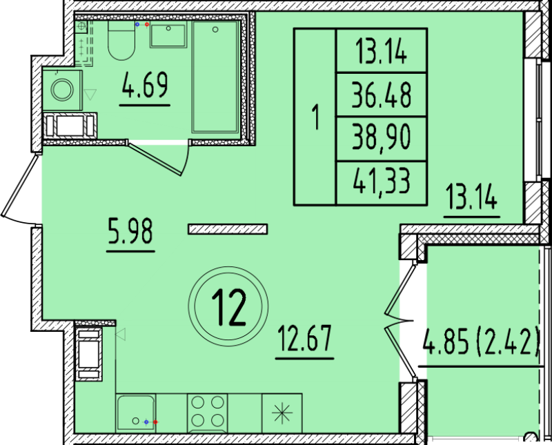 1 ккв 36,5 м²
