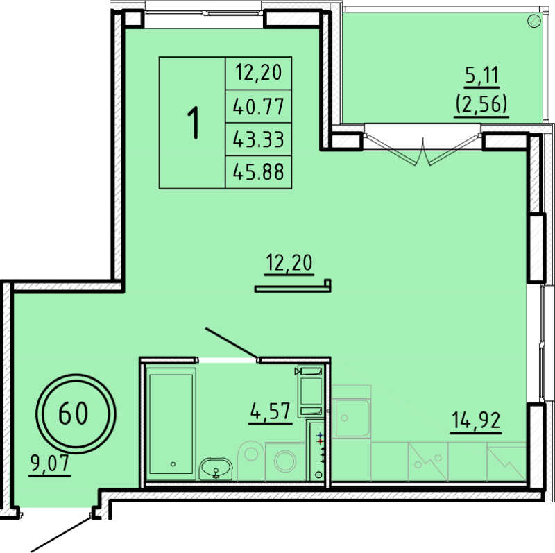 1 ккв 40,8 м²