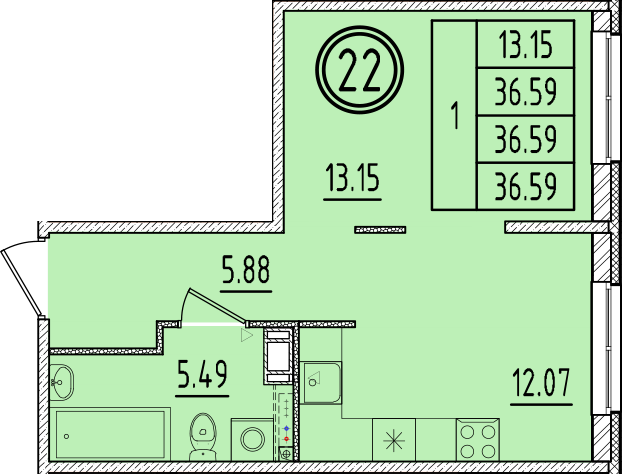 1 ккв 36,6 м²
