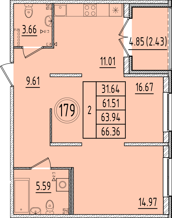 2 ккв 61,5 м²