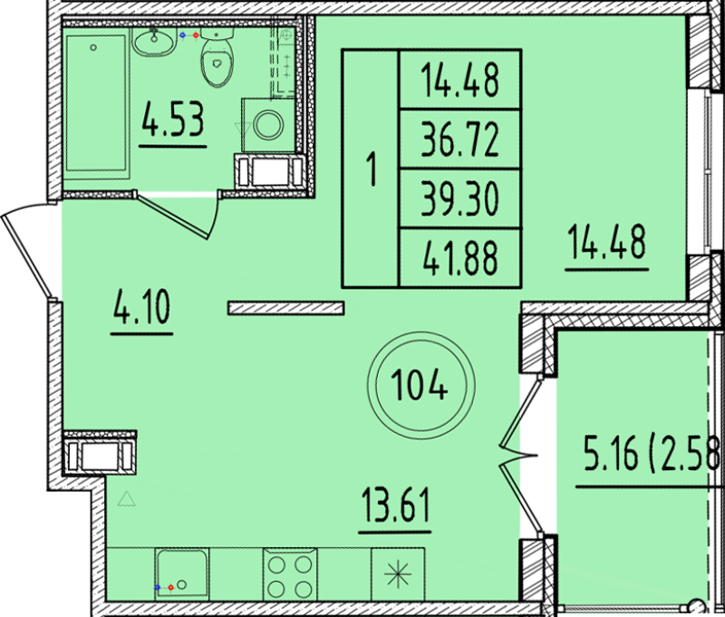 1 ккв 36,7 м²