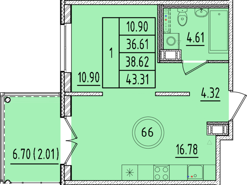 2 ккв (Евро) 36,6 м²