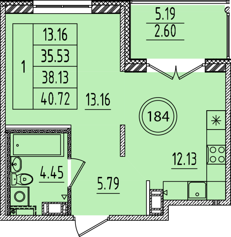 1 ккв 35,5 м²