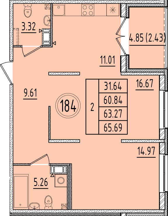 2 ккв 60,8 м²