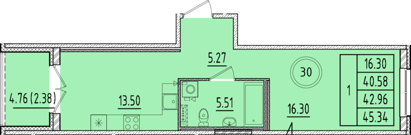 1 ккв 40,6 м²