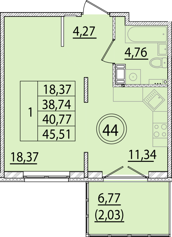 1 ккв 38,7 м²
