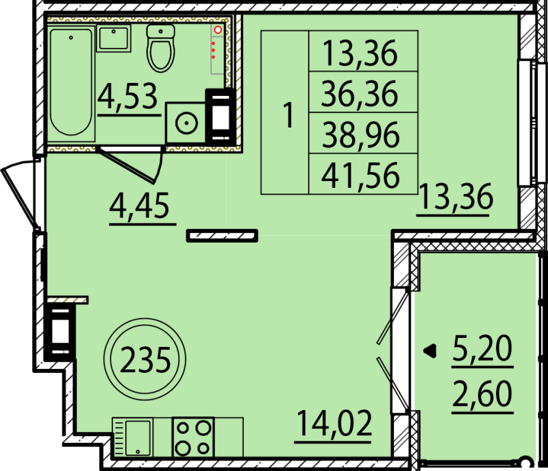 1 ккв 36,4 м²