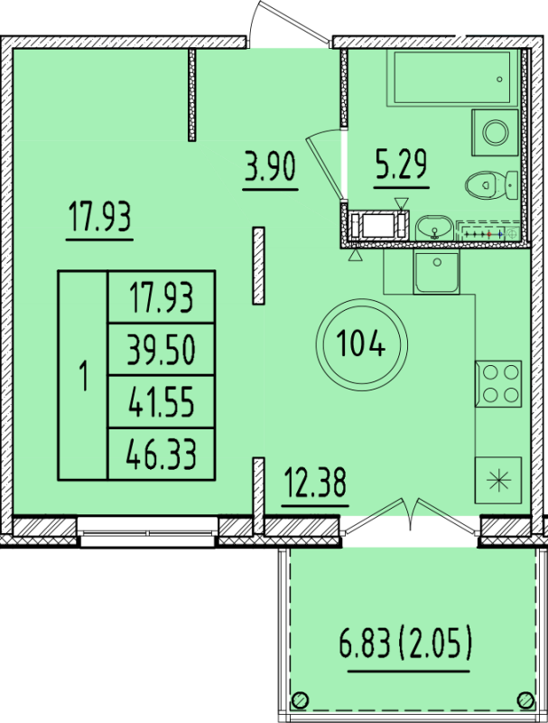 1 ккв 39,5 м²