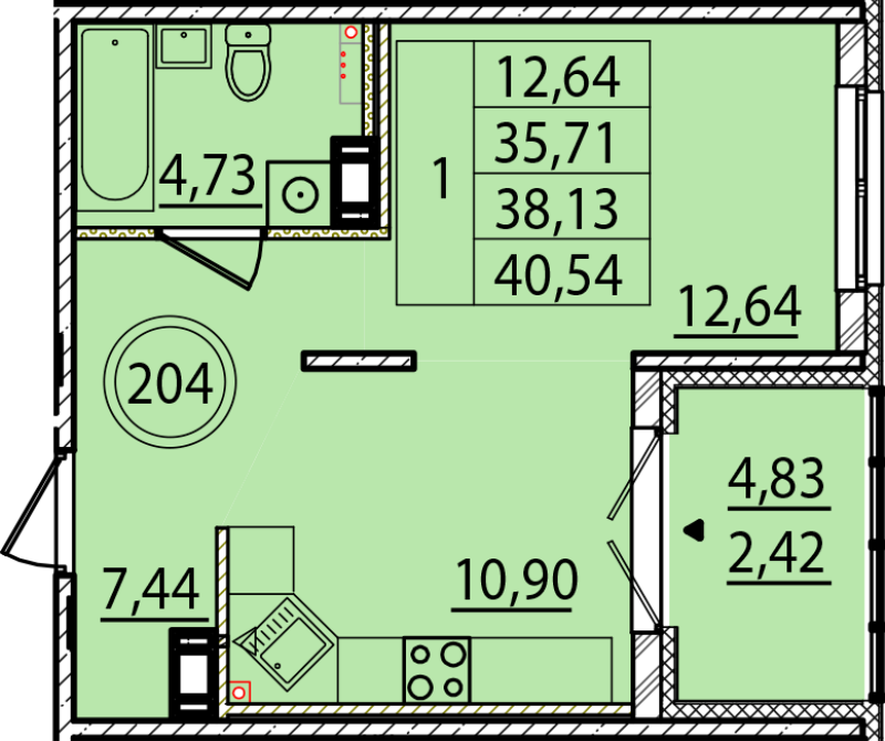 1 ккв 35,7 м²