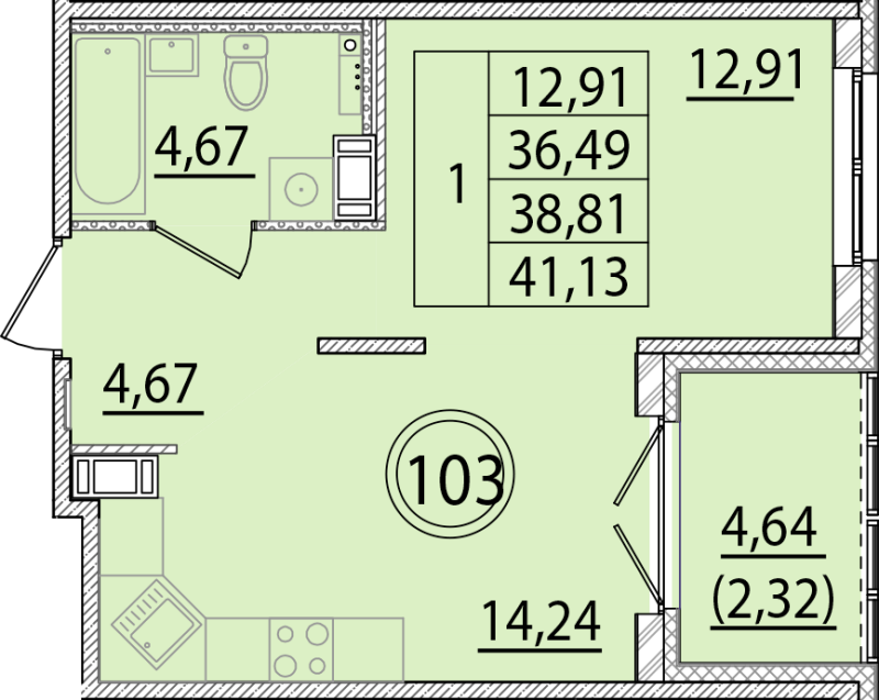 1 ккв 36,5 м²