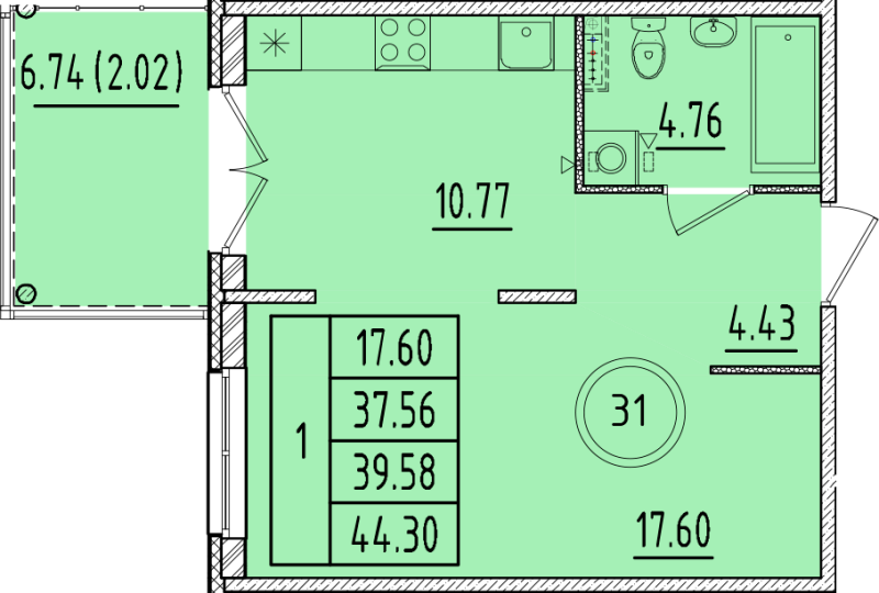 1 ккв 37,6 м²