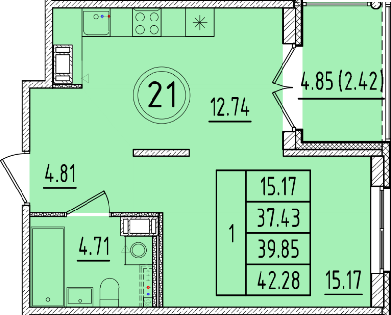 1 ккв 37,4 м²