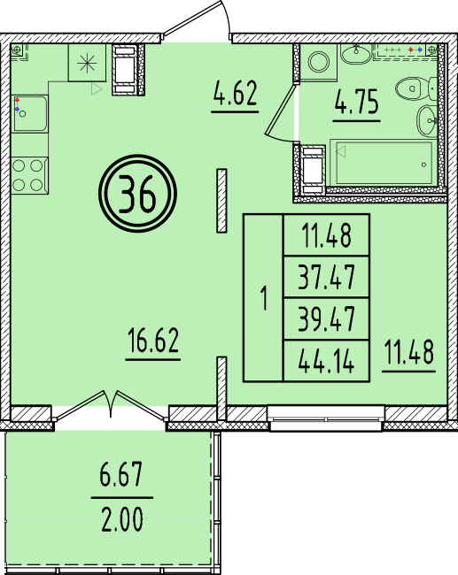 2 ккв (Евро) 37,5 м²