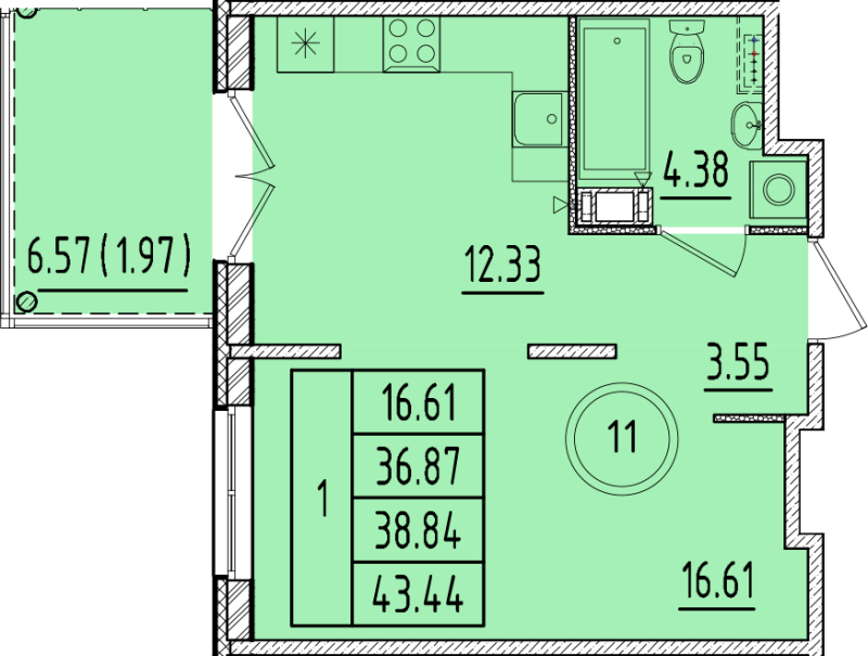 1 ккв 36,9 м²