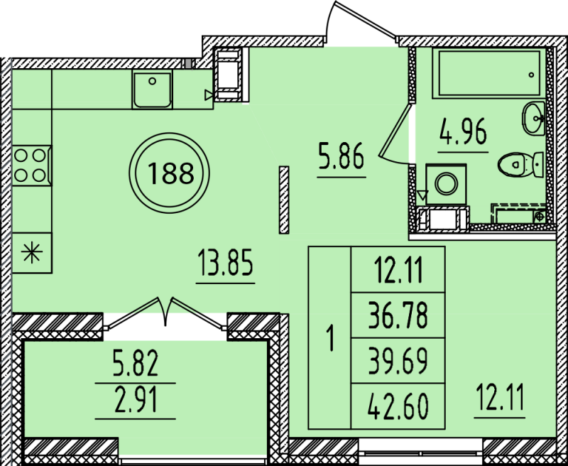 1 ккв 36,8 м²