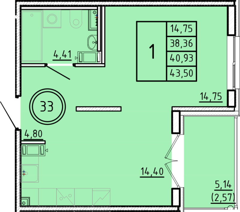 1 ккв 38,4 м²