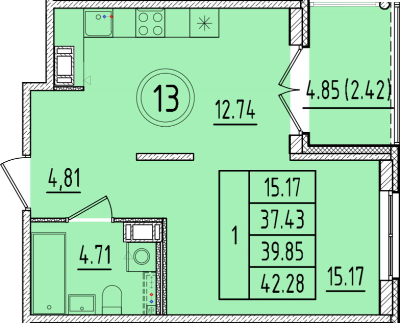 1 ккв 37,4 м²