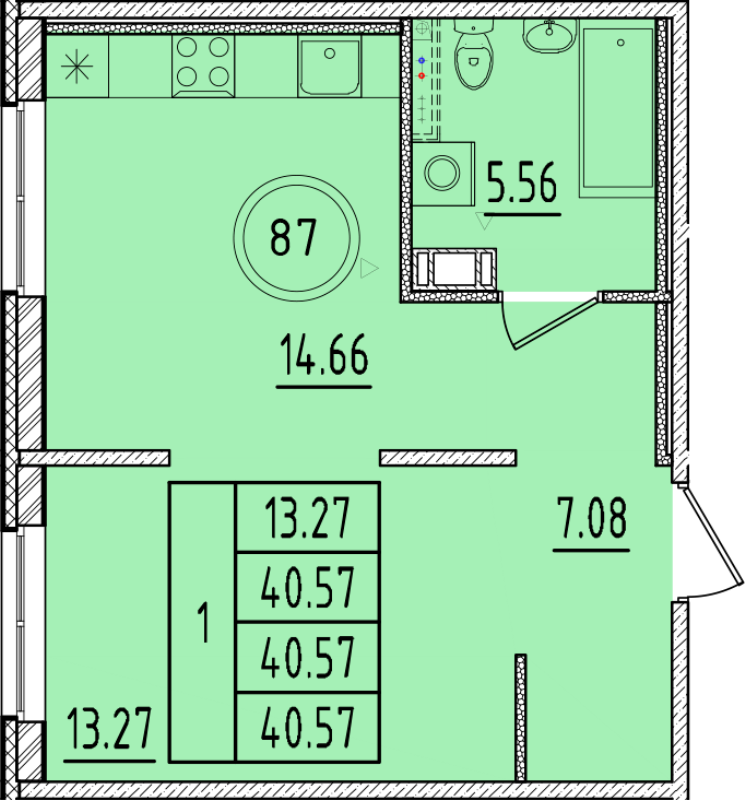 1 ккв 40,7 м²