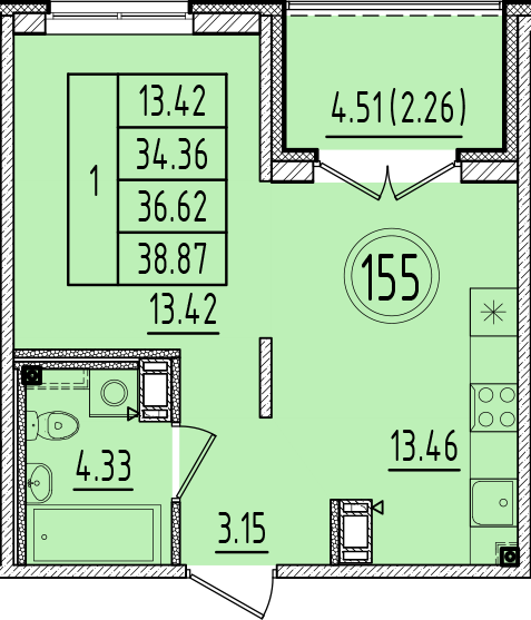 1 ккв 34,4 м²
