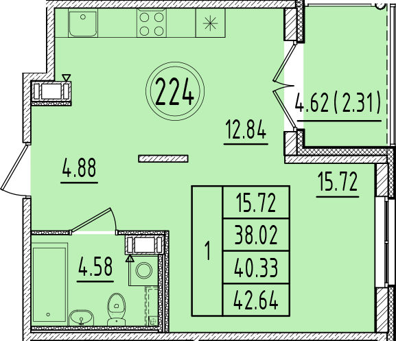 1 ккв 38 м²