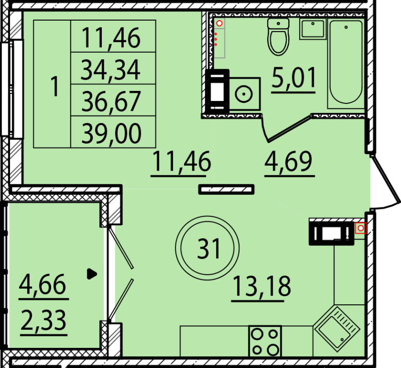 1 ккв 34,3 м²