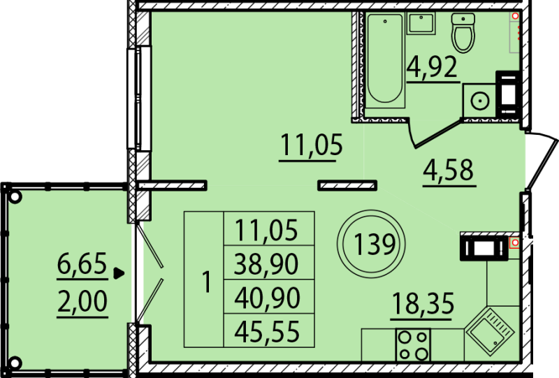 2 ккв (Евро) 38,9 м²