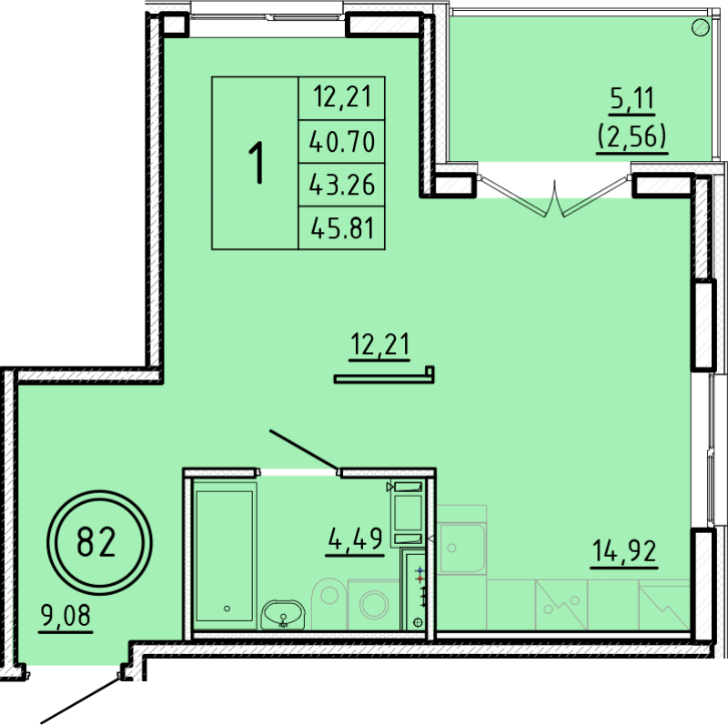 1 ккв 40,7 м²