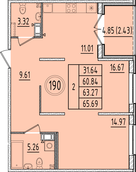 2 ккв 60,8 м²