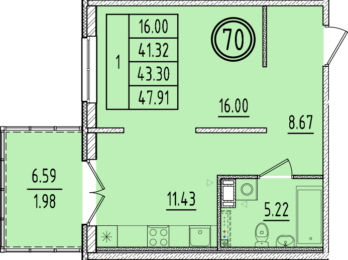 1 ккв 41,3 м²