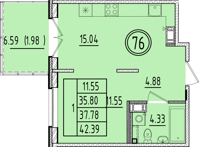 2 ккв (Евро) 35,8 м²