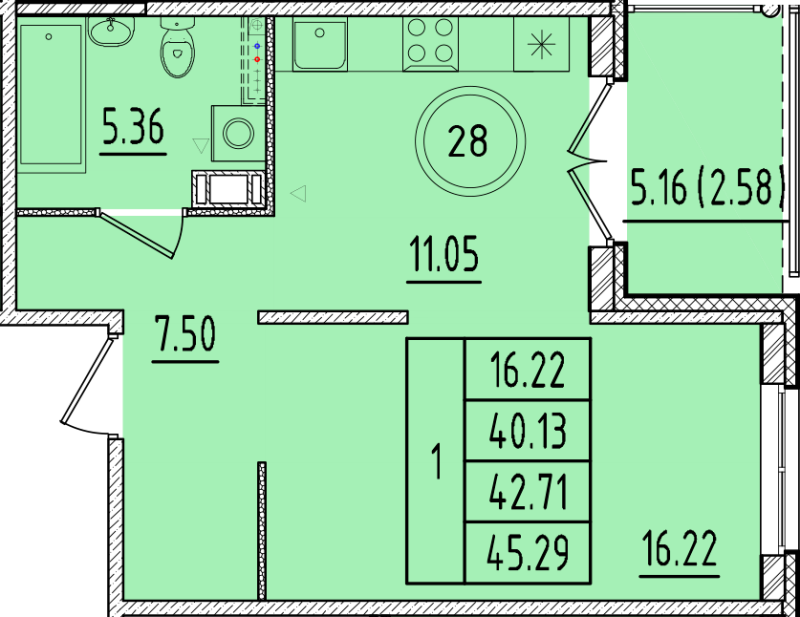 1 ккв 40,1 м²