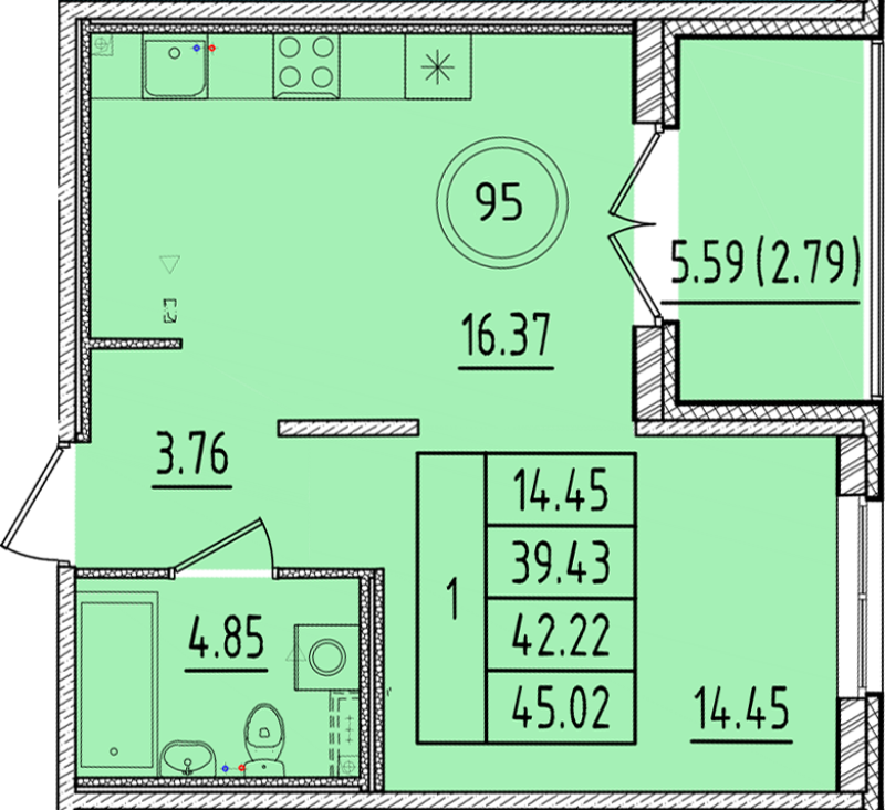 2 ккв (Евро) 39,1 м²