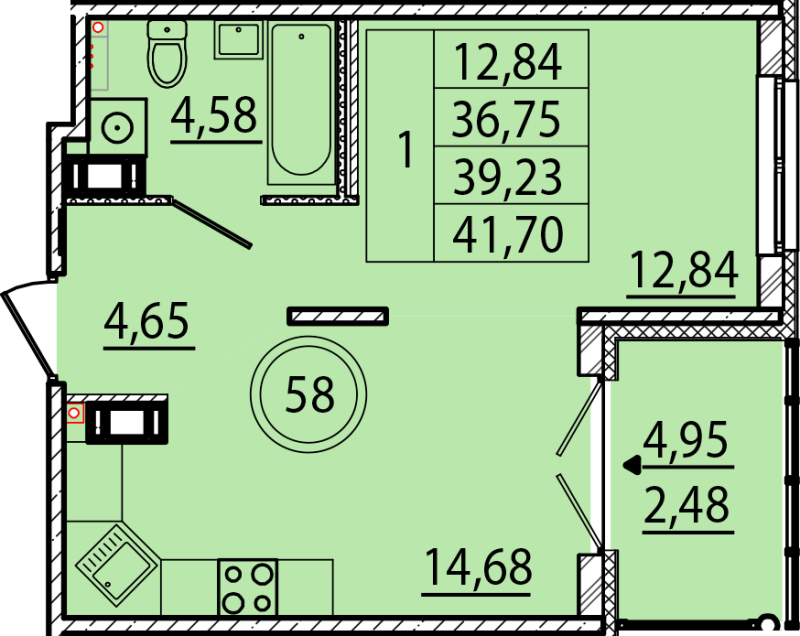 1 ккв 36,8 м²