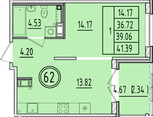 1 ккв 36,7 м²
