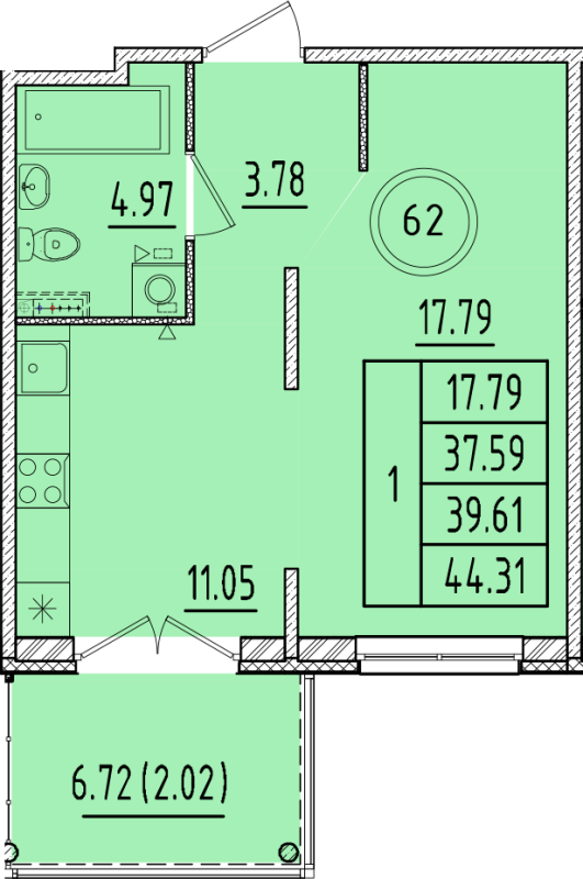 1 ккв 37,6 м²
