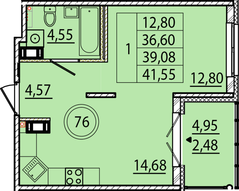 1 ккв 36,6 м²